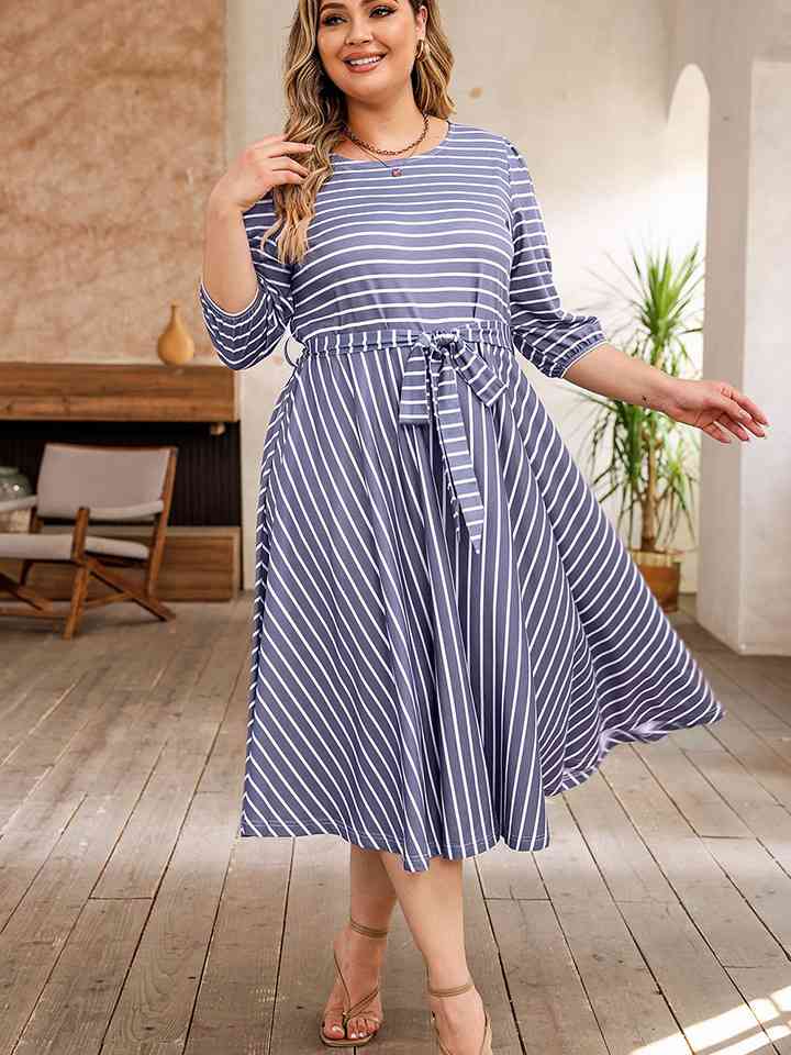 Plus Size Round Neck Striped Tie Waist Dress - TRENDMELO
