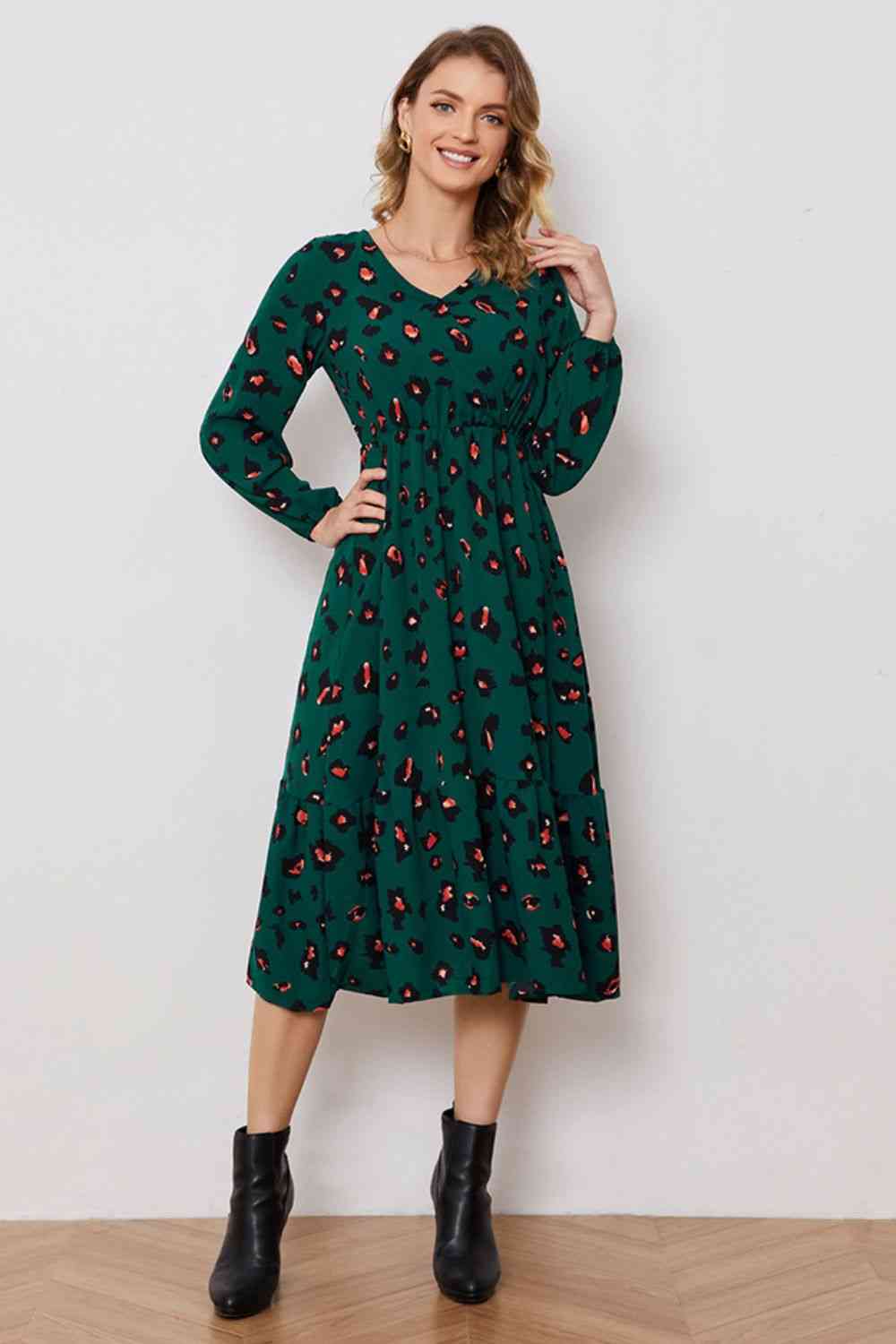 Printed Surplice Neck Long Sleeve Dress - TRENDMELO