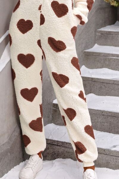 Fuzzy Heart Zip Up Hooded Lounge Jumpsuit - TRENDMELO