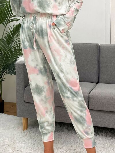 Tie-Dye Round Neck Top and Drawstring Pants Lounge Set - TRENDMELO