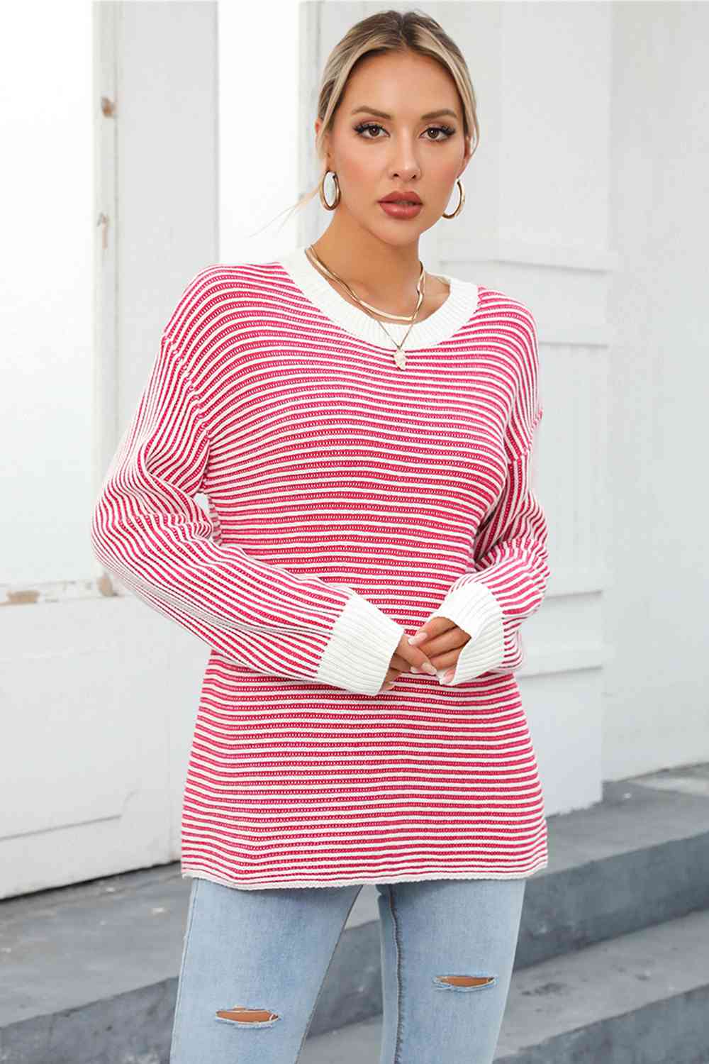 Striped Round Neck Long Sleeve Knit Top - TRENDMELO