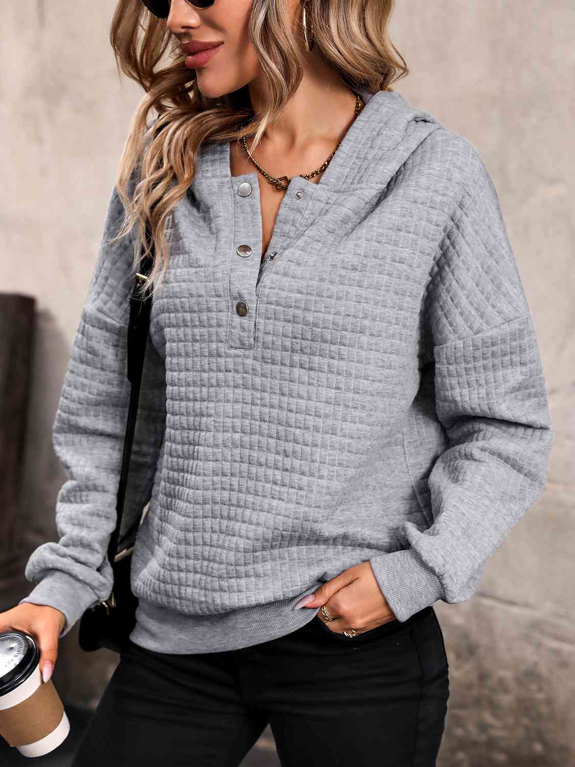 Waffle-Knit Half Button Hoodie - TRENDMELO