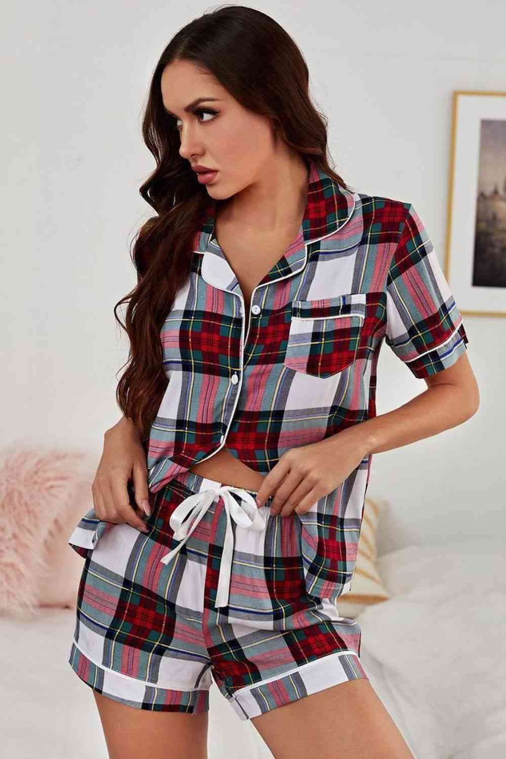 Collared Neck Short Sleeve Tied Two-Piece Lounge Set - TRENDMELO