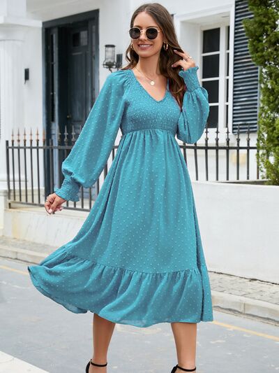Swiss Dot V-Neck Smocked Lantern Sleeve Ruffle Hem Dress - TRENDMELO