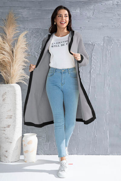 Button Up Contrast Trim Hooded Cardigan - TRENDMELO