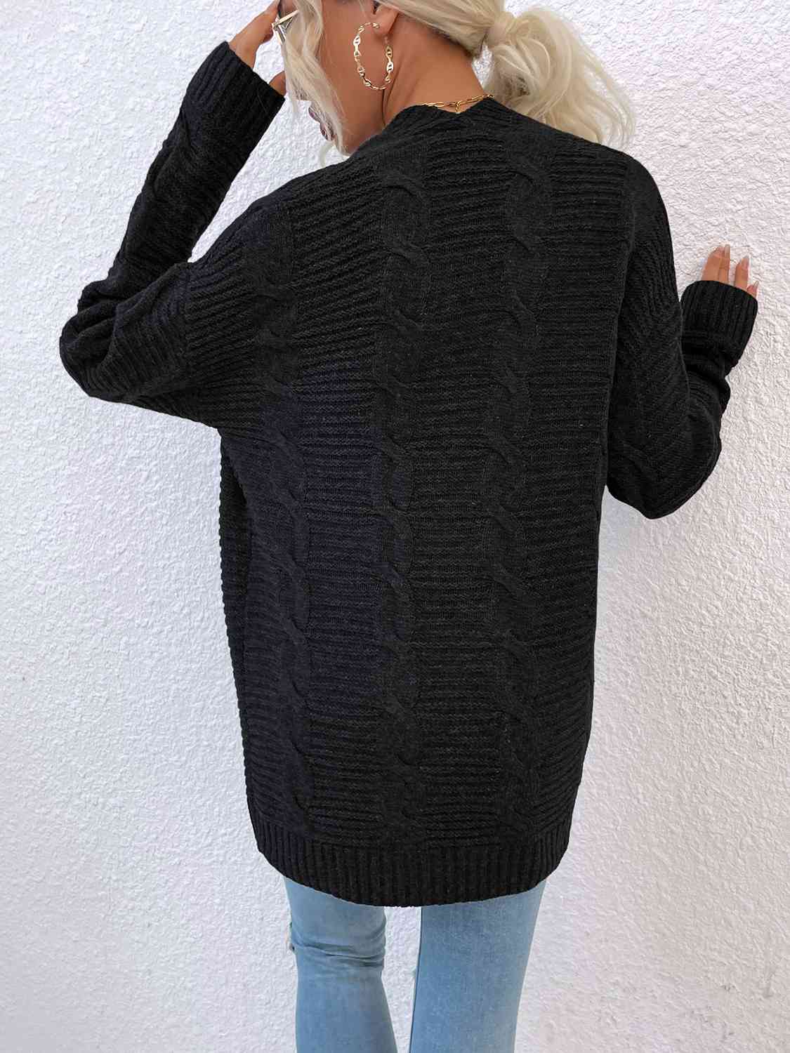 Cable-Knit Open Front Cardigan with Pockets - TRENDMELO