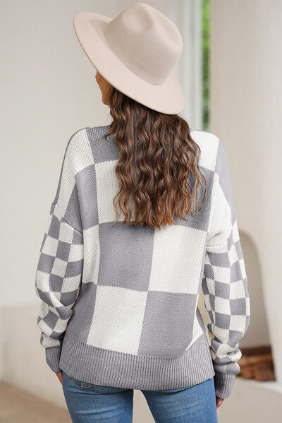 Plaid Round Neck Dropped Shoulder Sweater - TRENDMELO