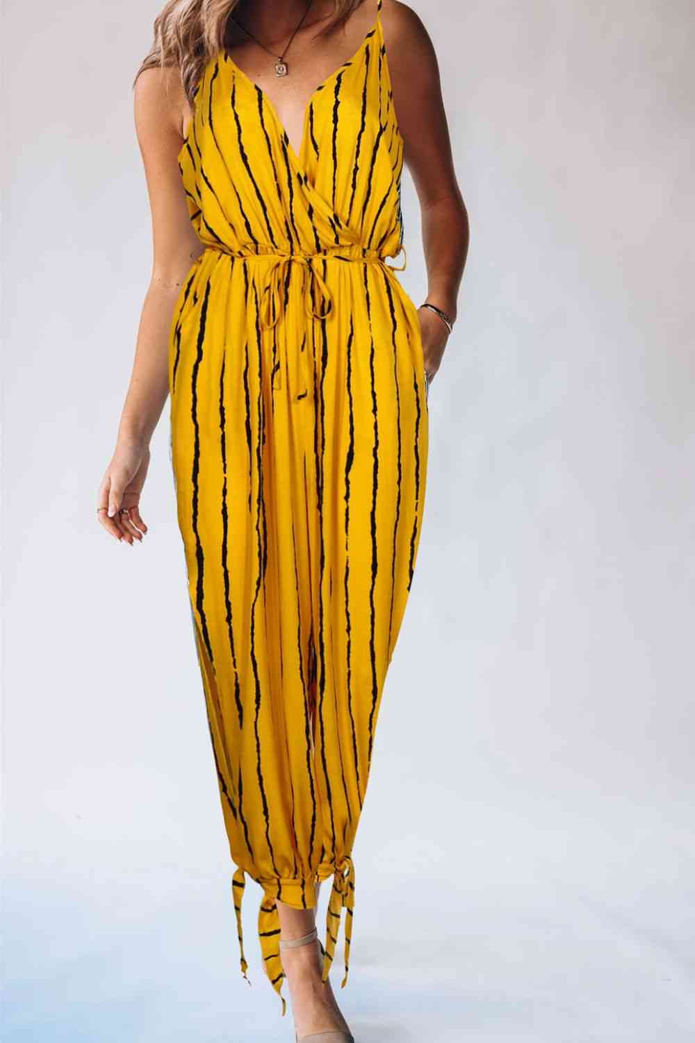Striped Contrast Tie Ankle Spaghetti Strap Jumpsuit - TRENDMELO