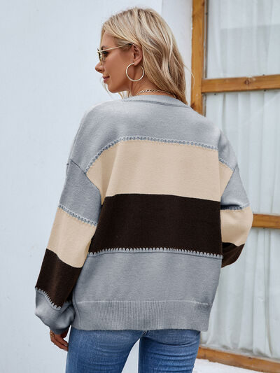 Color Block Button Up Lantern Sleeve Cardigan - TRENDMELO