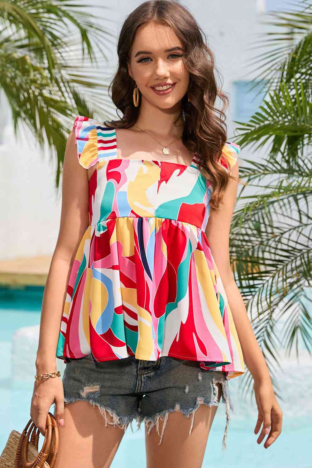 Multicolored Square Neck Babydoll Tank - TRENDMELO