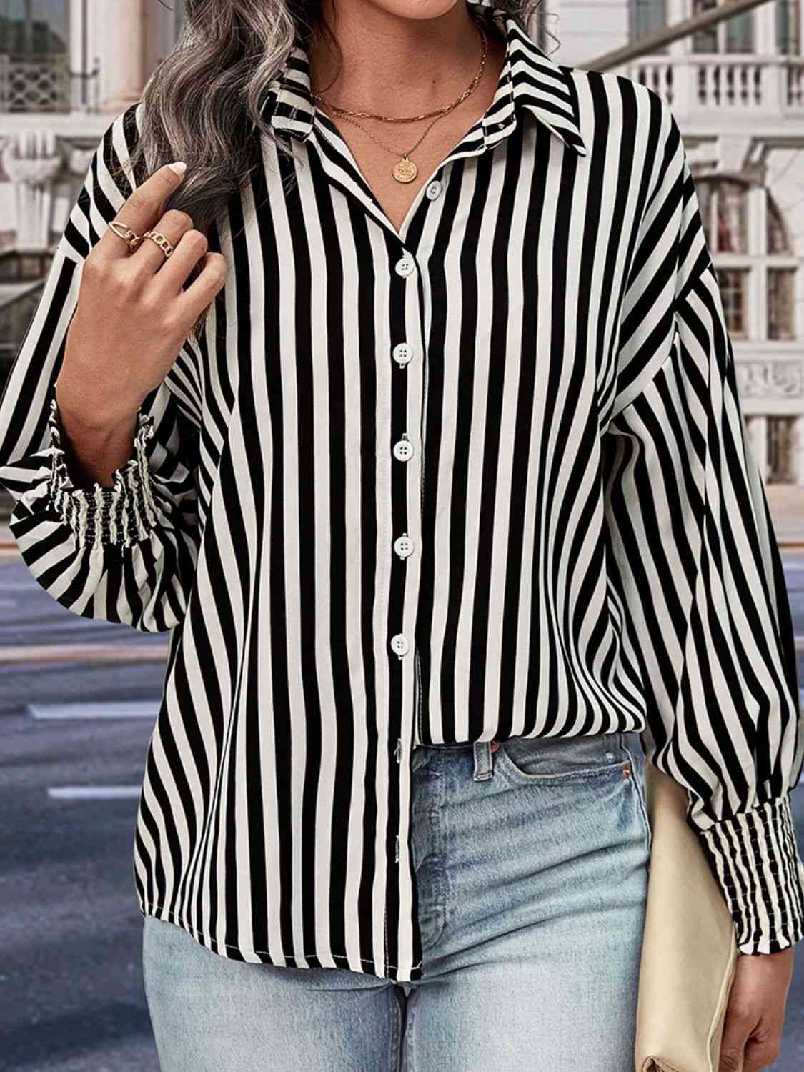 Striped Dropped Shoulder Smocked Wristband Shirt - TRENDMELO
