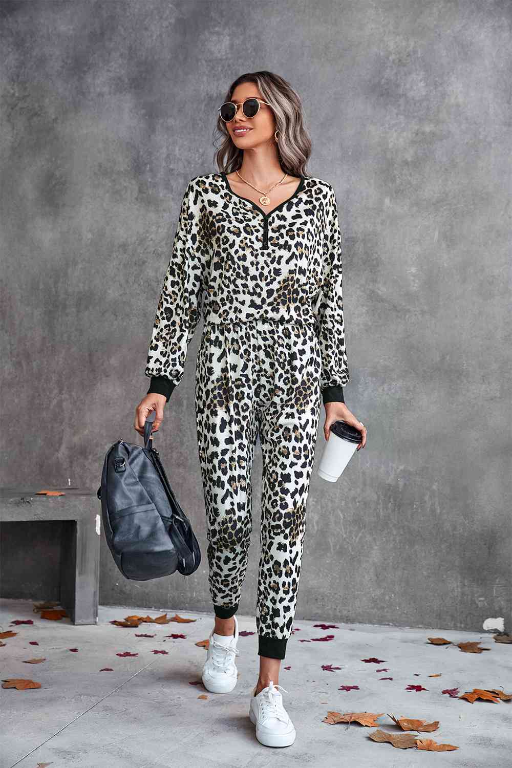 Leopard V-Neck Dropped Shoulder Loungewear Set - TRENDMELO