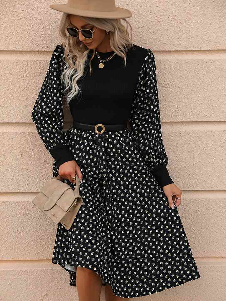 Printed Round Neck Long Sleeve Dress - TRENDMELO