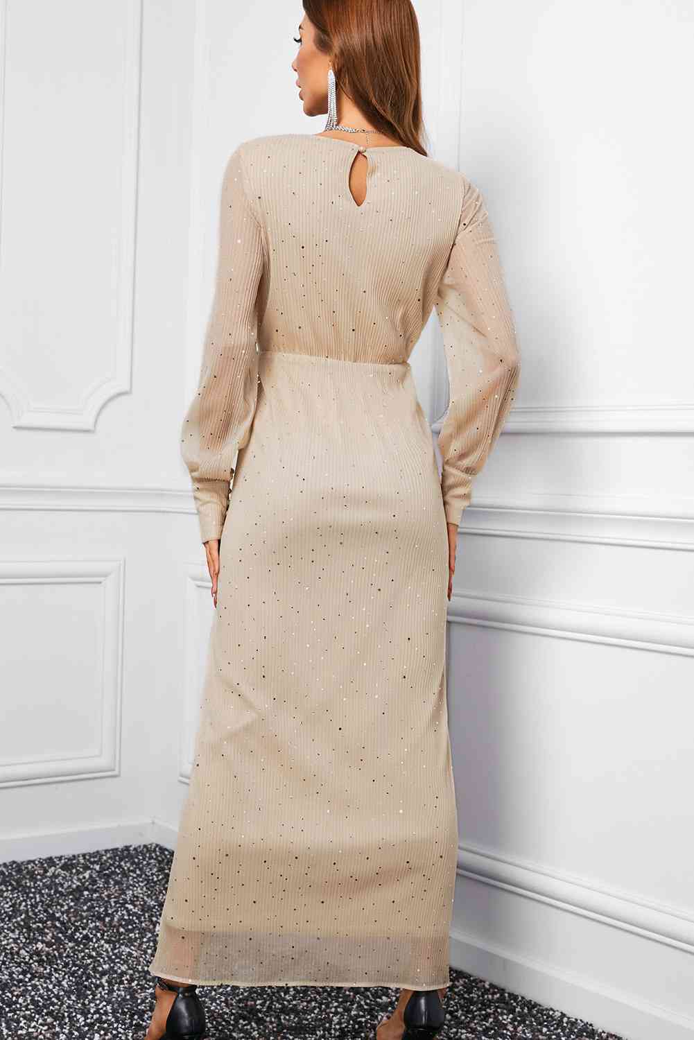 Rhinestone Surplice Split Maxi Dress - TRENDMELO