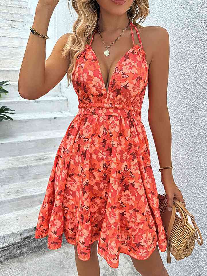 Floral Halter Neck Backless Dress - TRENDMELO