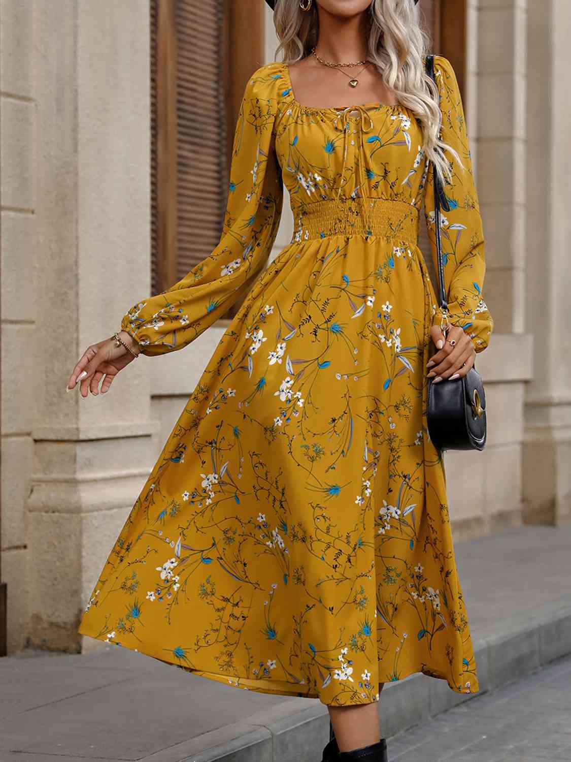 Square Neck Smocked Waist Dress - TRENDMELO