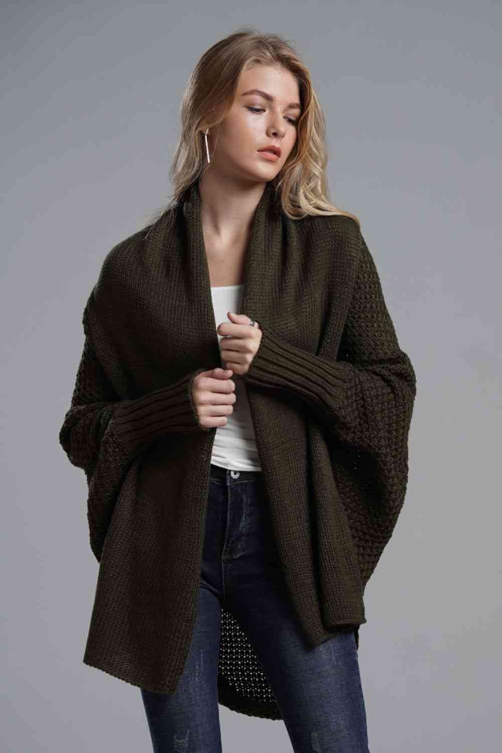 Double Take Dolman Sleeve Open Front Ribbed Trim Longline Cardigan - TRENDMELO