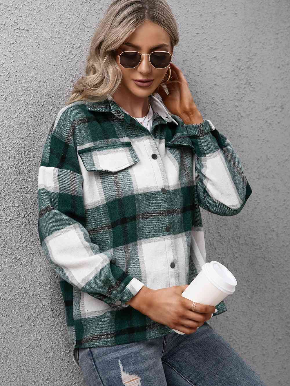 Plaid Long Sleeve Shirt Jacket - TRENDMELO