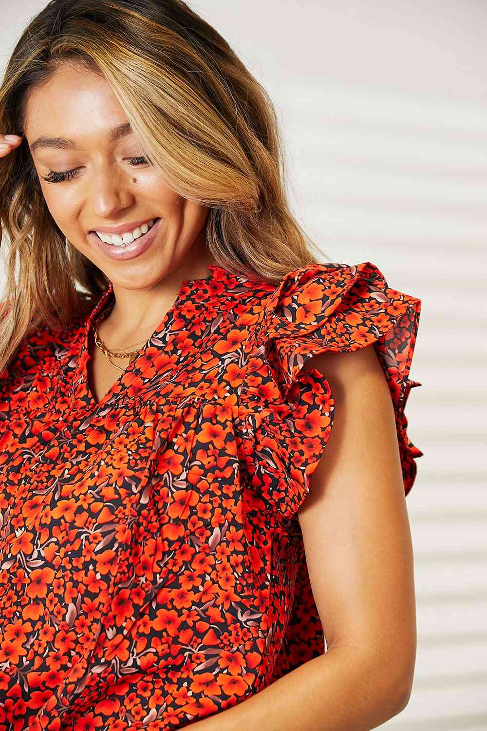 Double Take Floral Flutter Sleeve Notched Neck Blouse - TRENDMELO