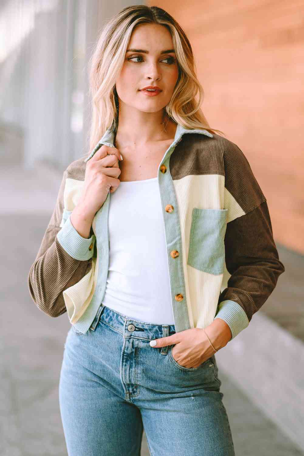 Color Block Collared Neck Jacket - TRENDMELO