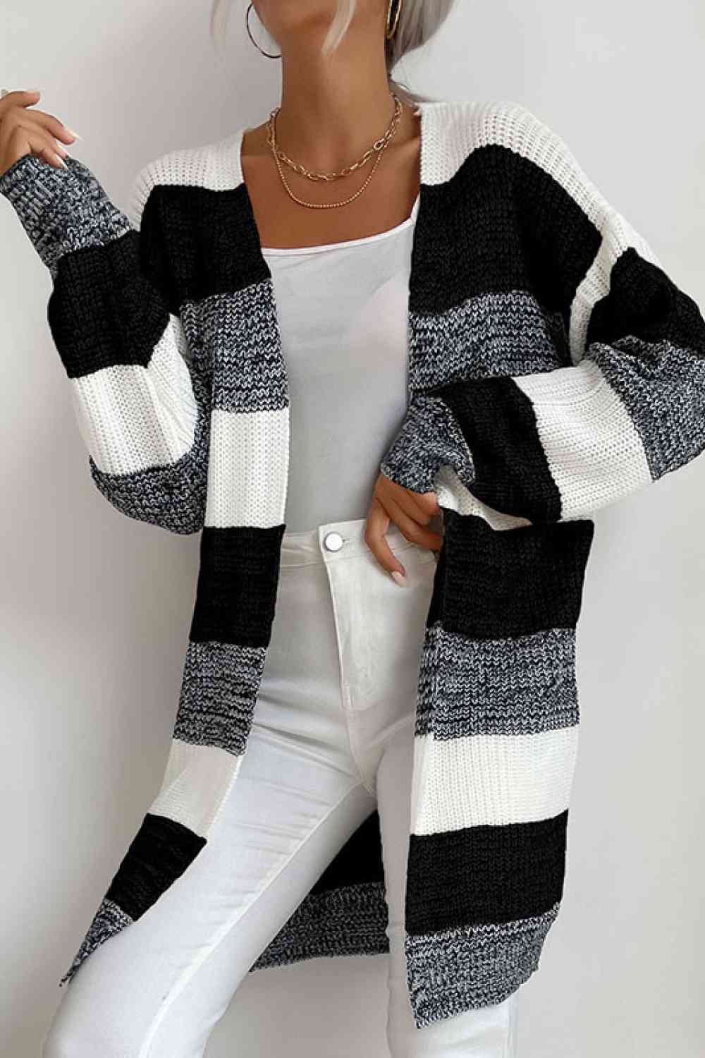Striped Long Sleeve Duster Cardigan - TRENDMELO
