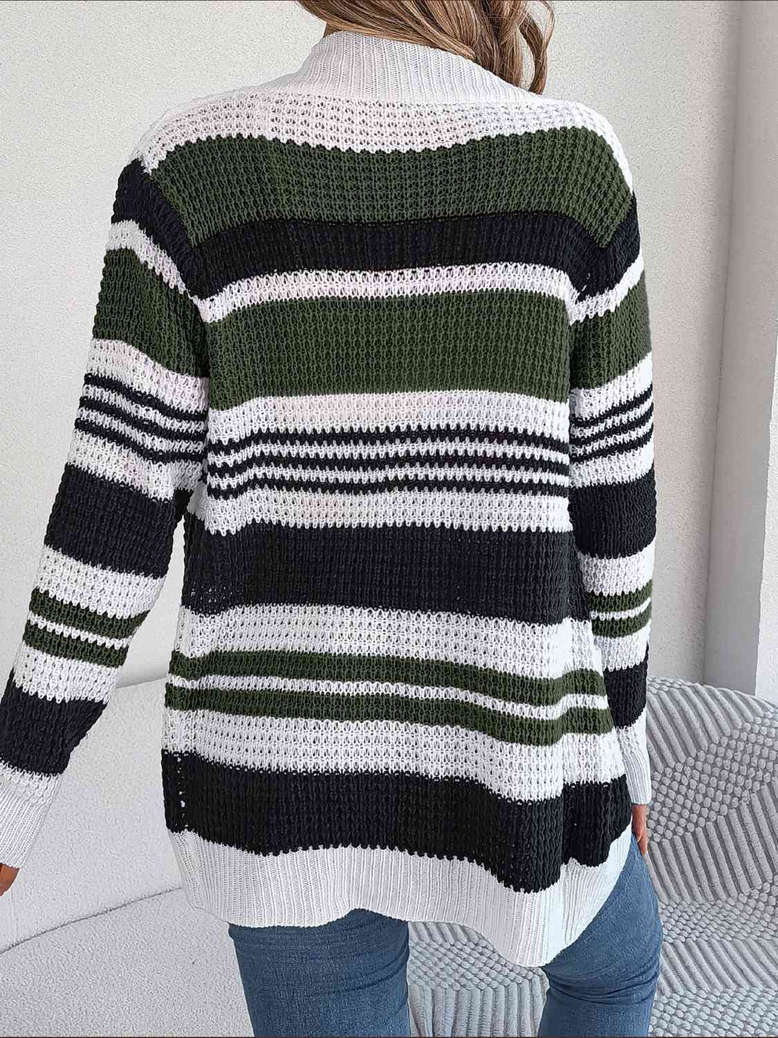 Striped Open Front Long Sleeve Cardigan - TRENDMELO