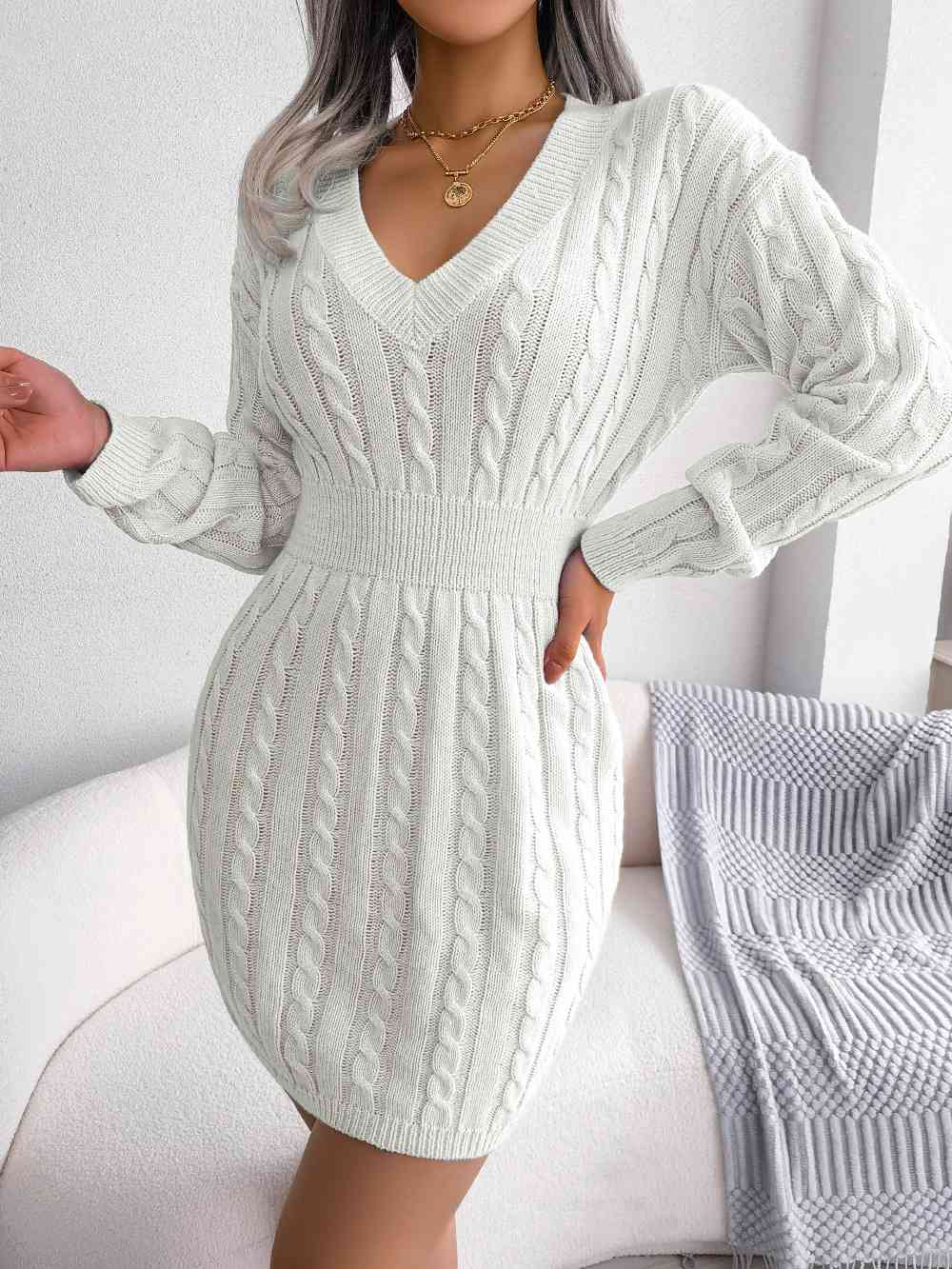 Cable-Knit V-Neck Mini Sweater Dress - TRENDMELO
