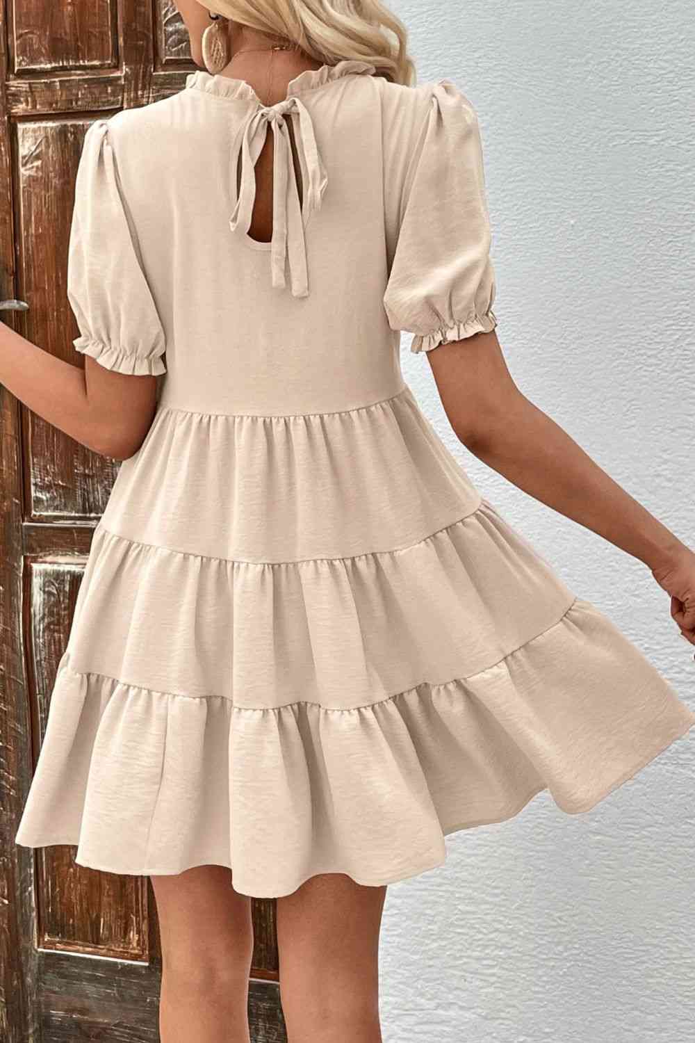 Puff Sleeve Tie Back Tiered Dress - TRENDMELO