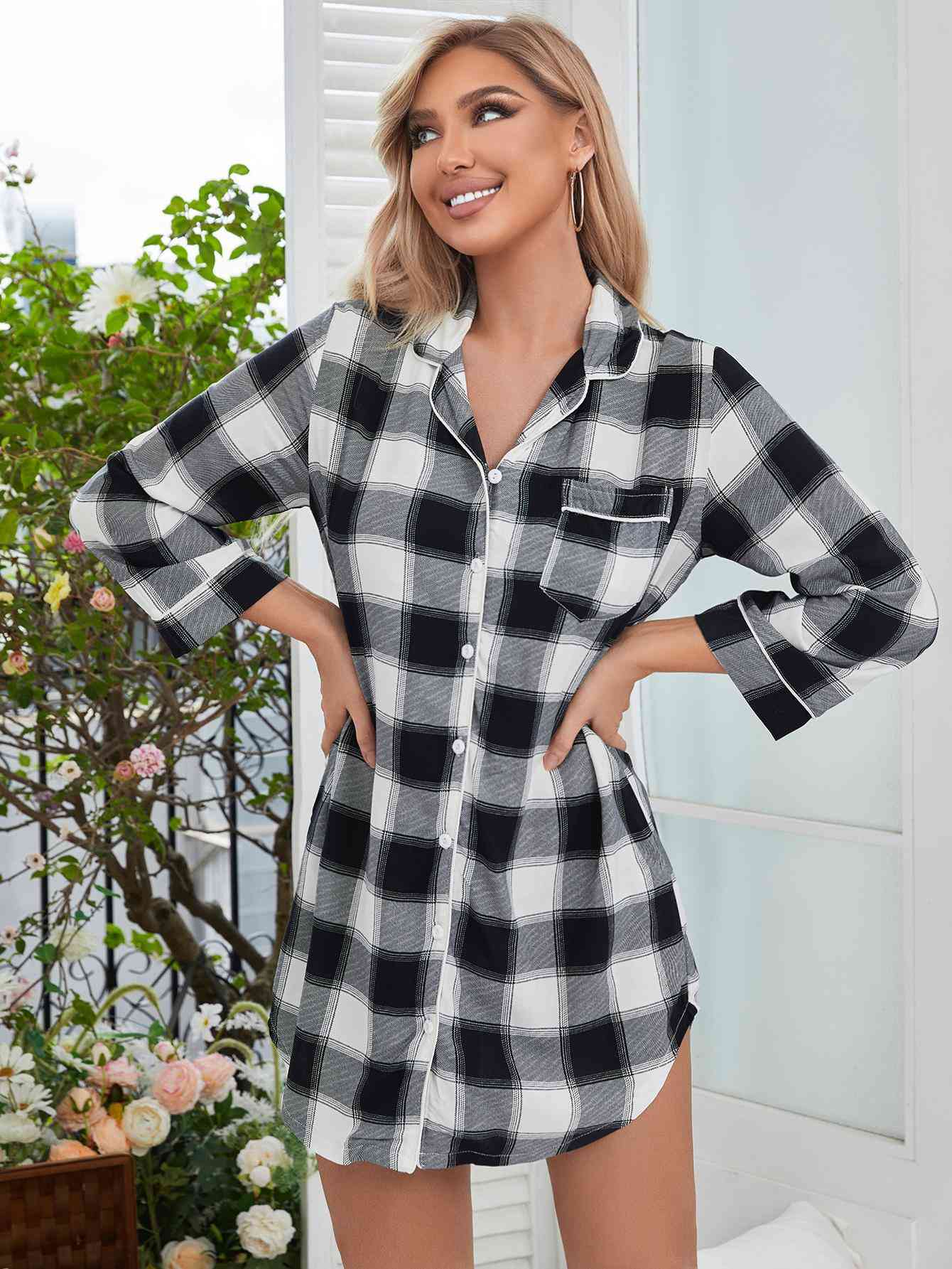 Plaid Lapel Collar Shirt Dress - TRENDMELO