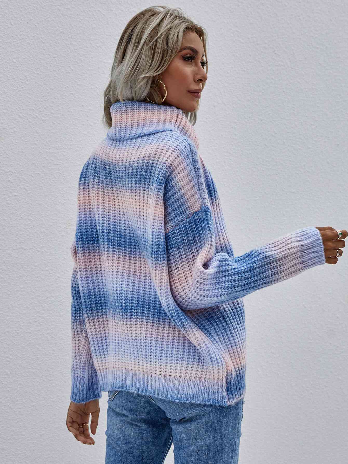 Rainbow Rib-Knit Turtleneck Drop Shoulder Sweater - TRENDMELO