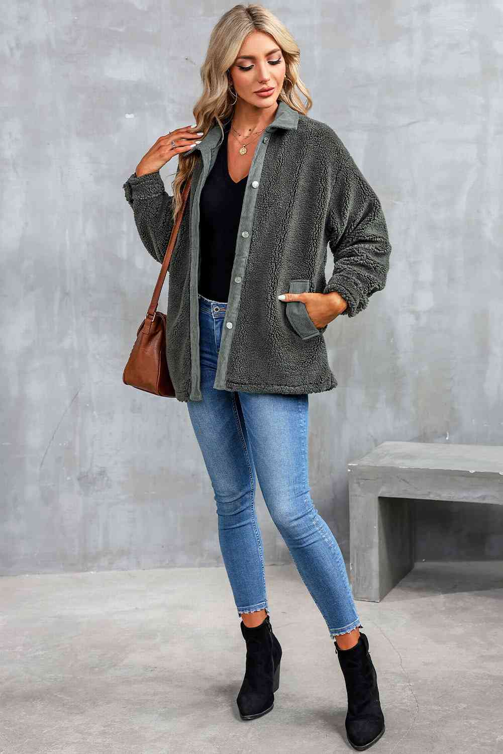 Collared Neck Drop Shoulder Jacket - TRENDMELO