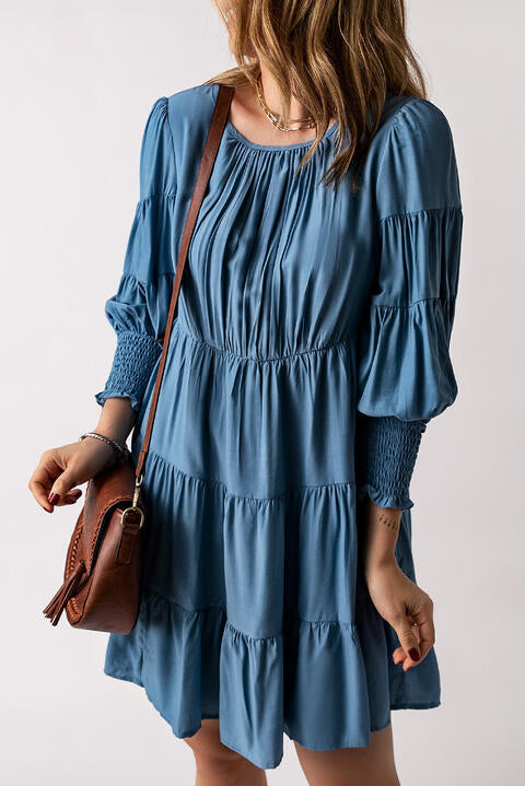 Ruched Round Neck Lantern Sleeve Dress - TRENDMELO
