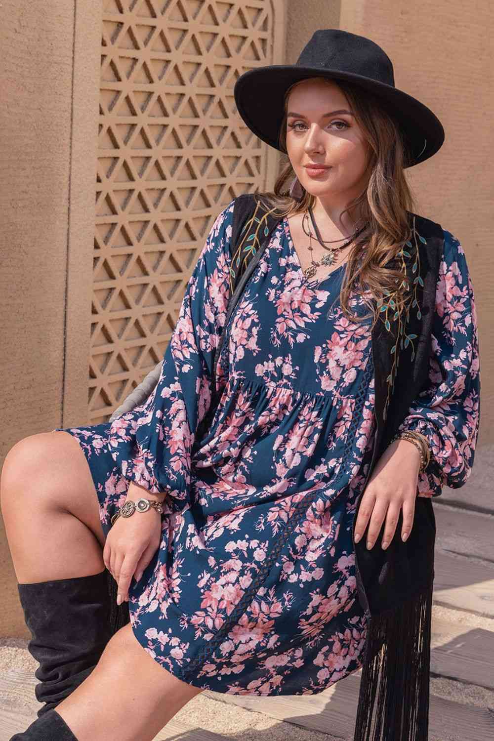 Plus Size Printed V-Neck Long Sleeve Mini Dress - TRENDMELO
