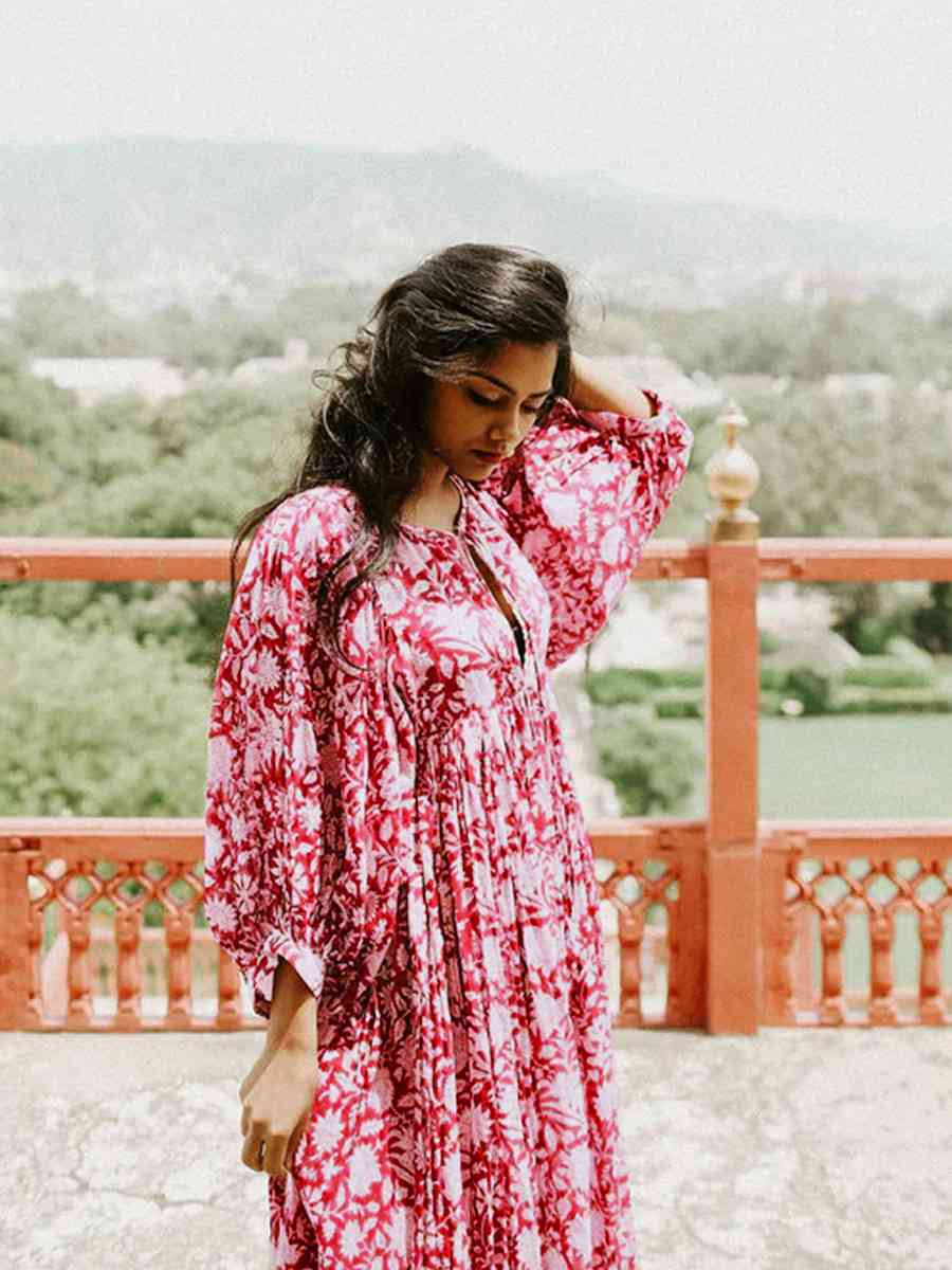 Floral Tie Neck Lantern Sleeve Dress - TRENDMELO