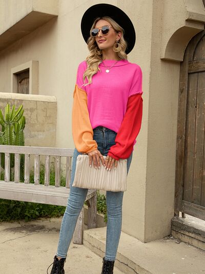 Color Block Dropped Shoulder Sweater - TRENDMELO