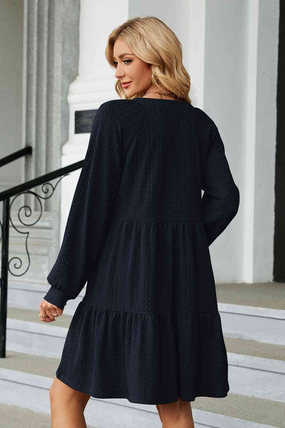Notched Neck Long Sleeve Mini Dress - TRENDMELO