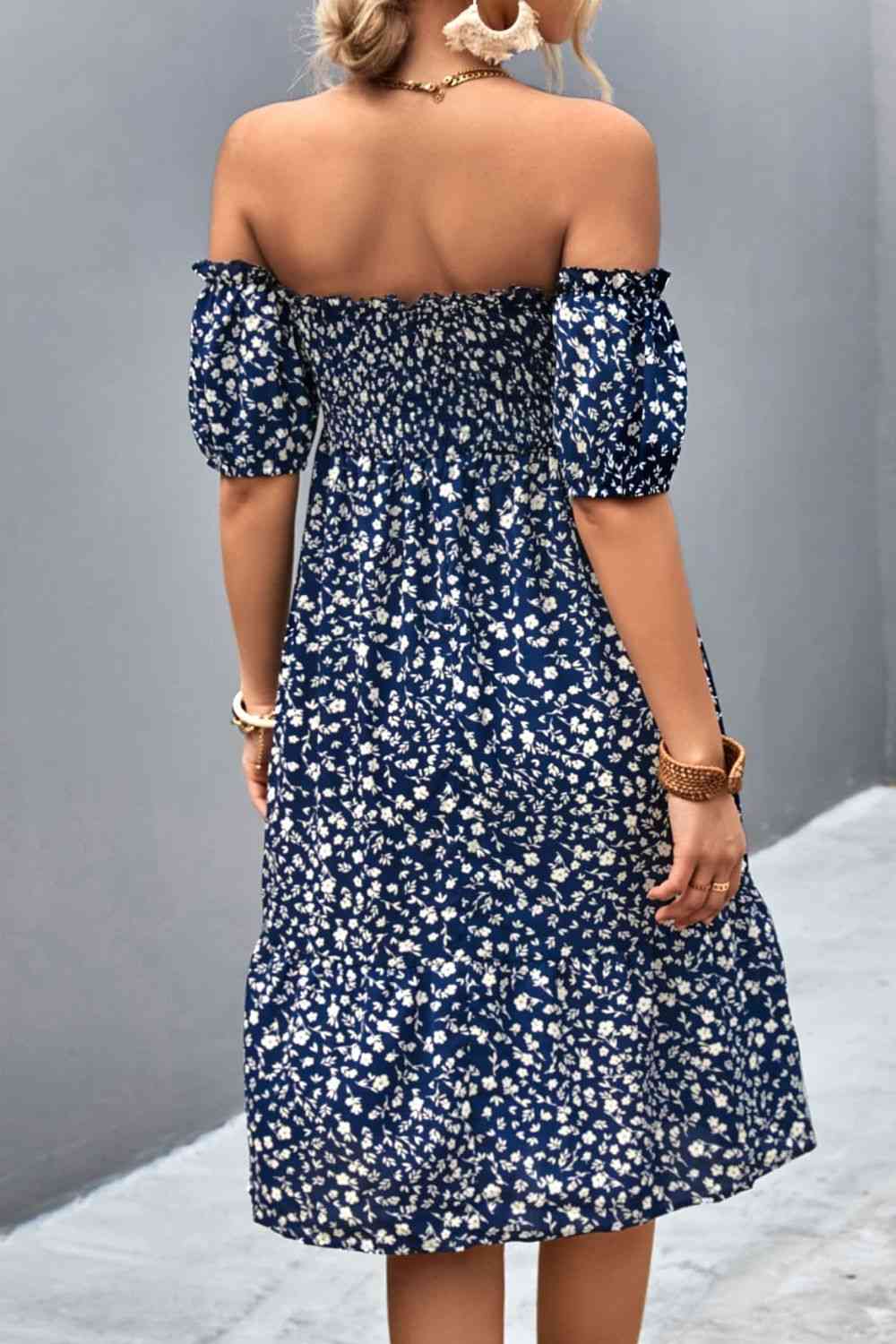 Ditsy Floral Smocked Frill Trim Off-Shoulder Dress - TRENDMELO