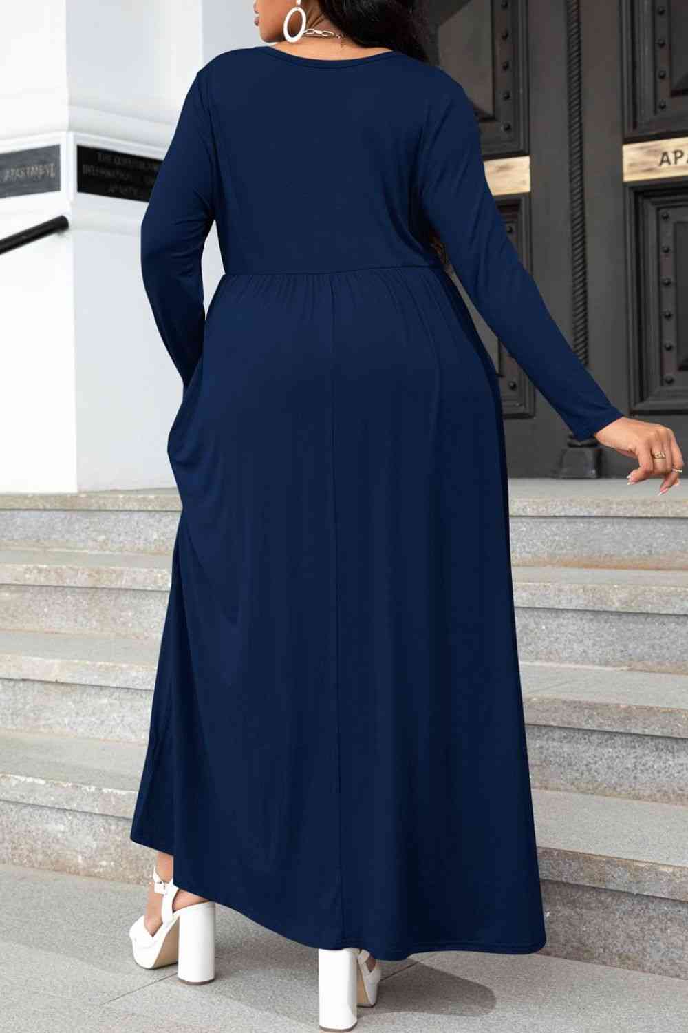Plus Size Round Neck Long Sleeve Maxi Dress with Pockets - TRENDMELO