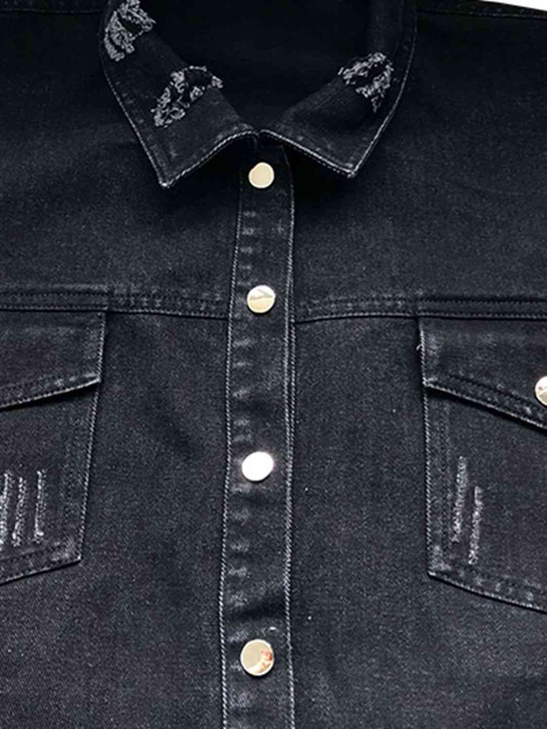 Raw Hem Collared Neck Long Sleeve Denim Jacket - TRENDMELO