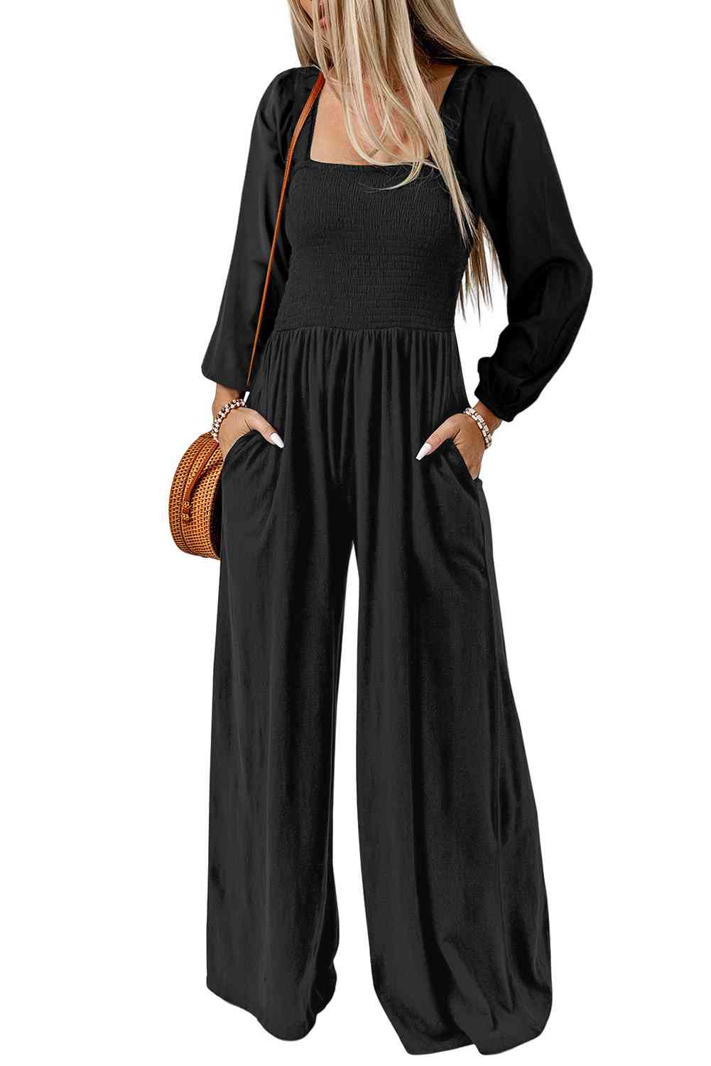 Square Neck Raglan Sleeve Jumpsuit with Pocket - TRENDMELO