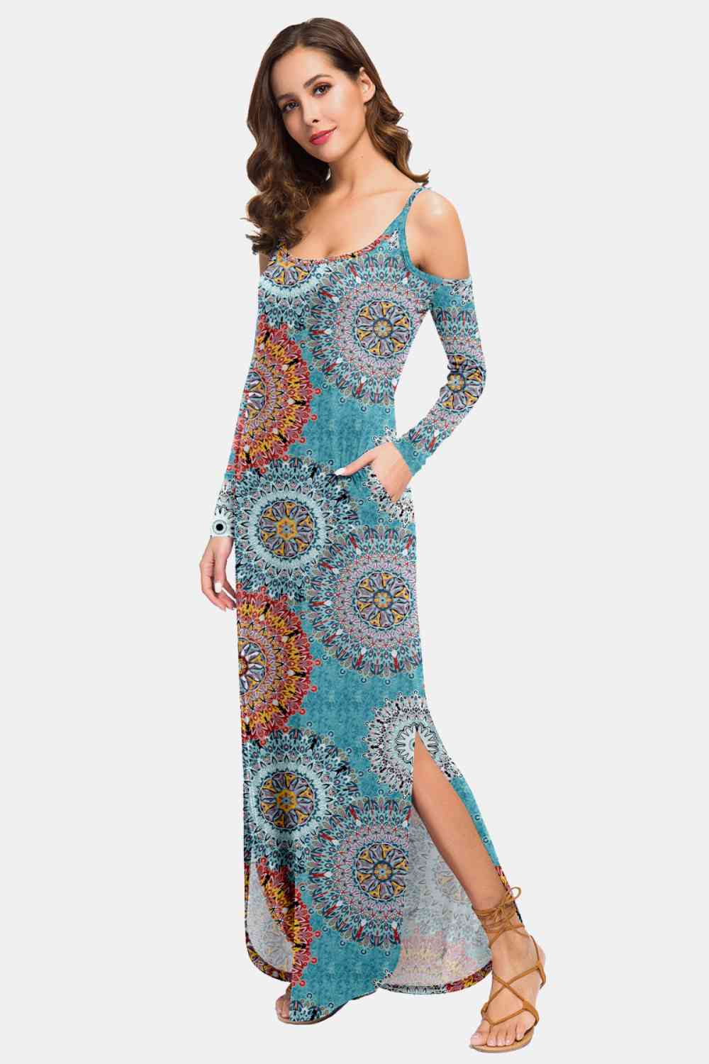 Printed Cold-Shoulder Slit Maxi Dress - TRENDMELO
