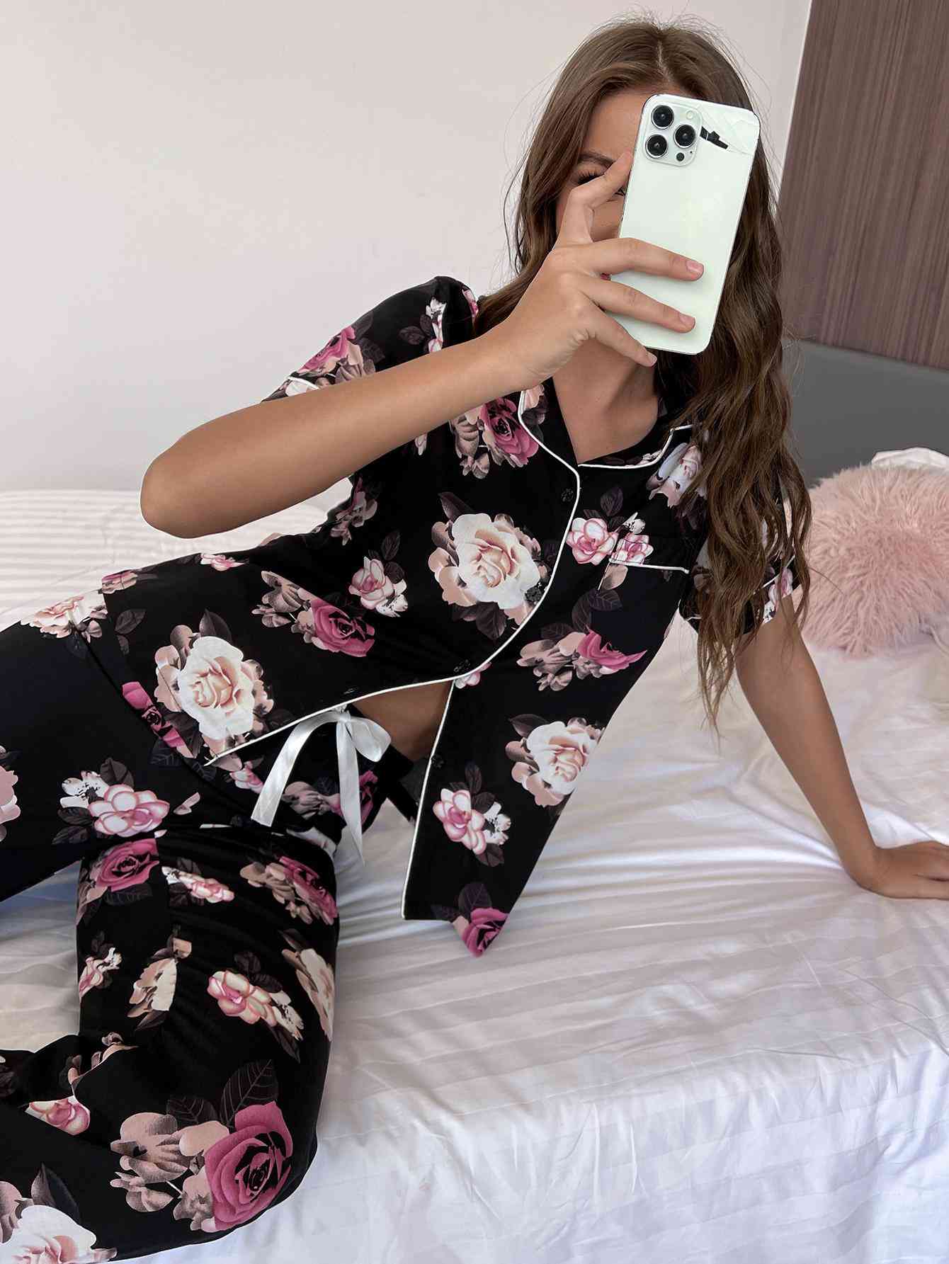 Floral Short Sleeve Shirt and Pants Lounge Set - TRENDMELO