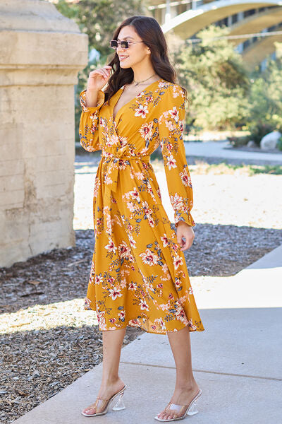 Double Take Full Size Floral Tie Back Flounce Sleeve Dress - TRENDMELO