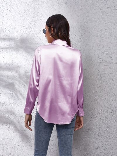 Button Up Collared Neck Long Sleeve Shirt - TRENDMELO