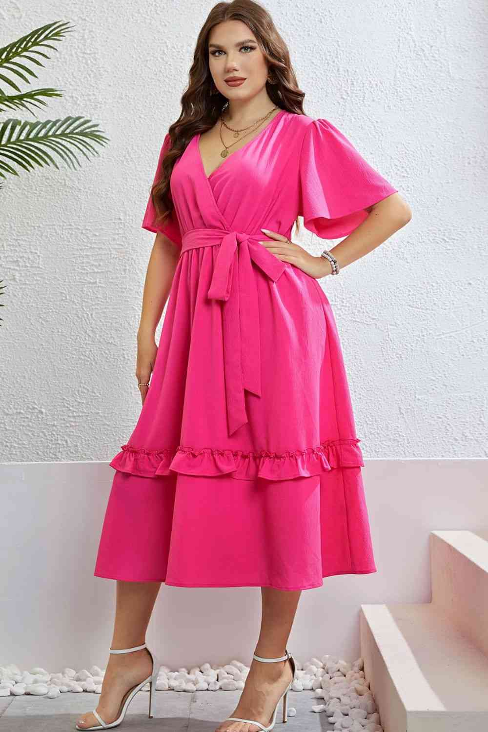 Belted Frill Trim Flutter Sleeve Dress - TRENDMELO