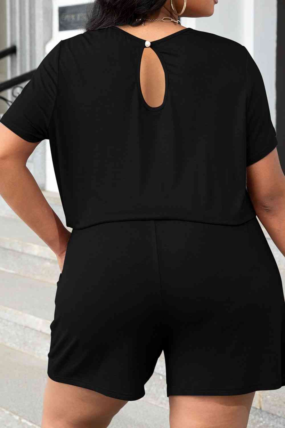 Plus Size Drawstring Waist Romper with Pockets - TRENDMELO