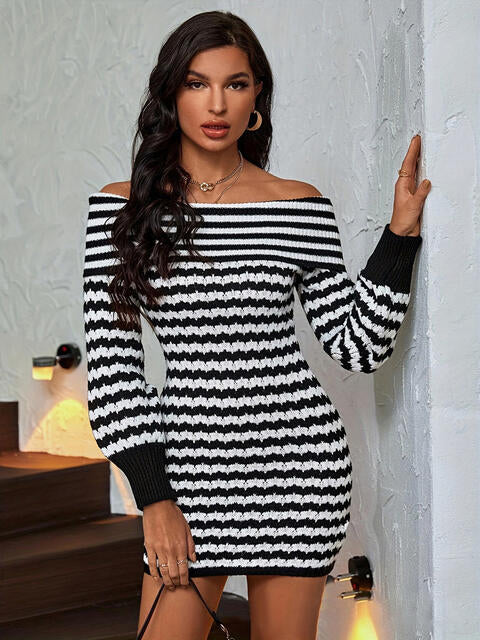 Striped Off-Shoulder Sweater Dress - TRENDMELO