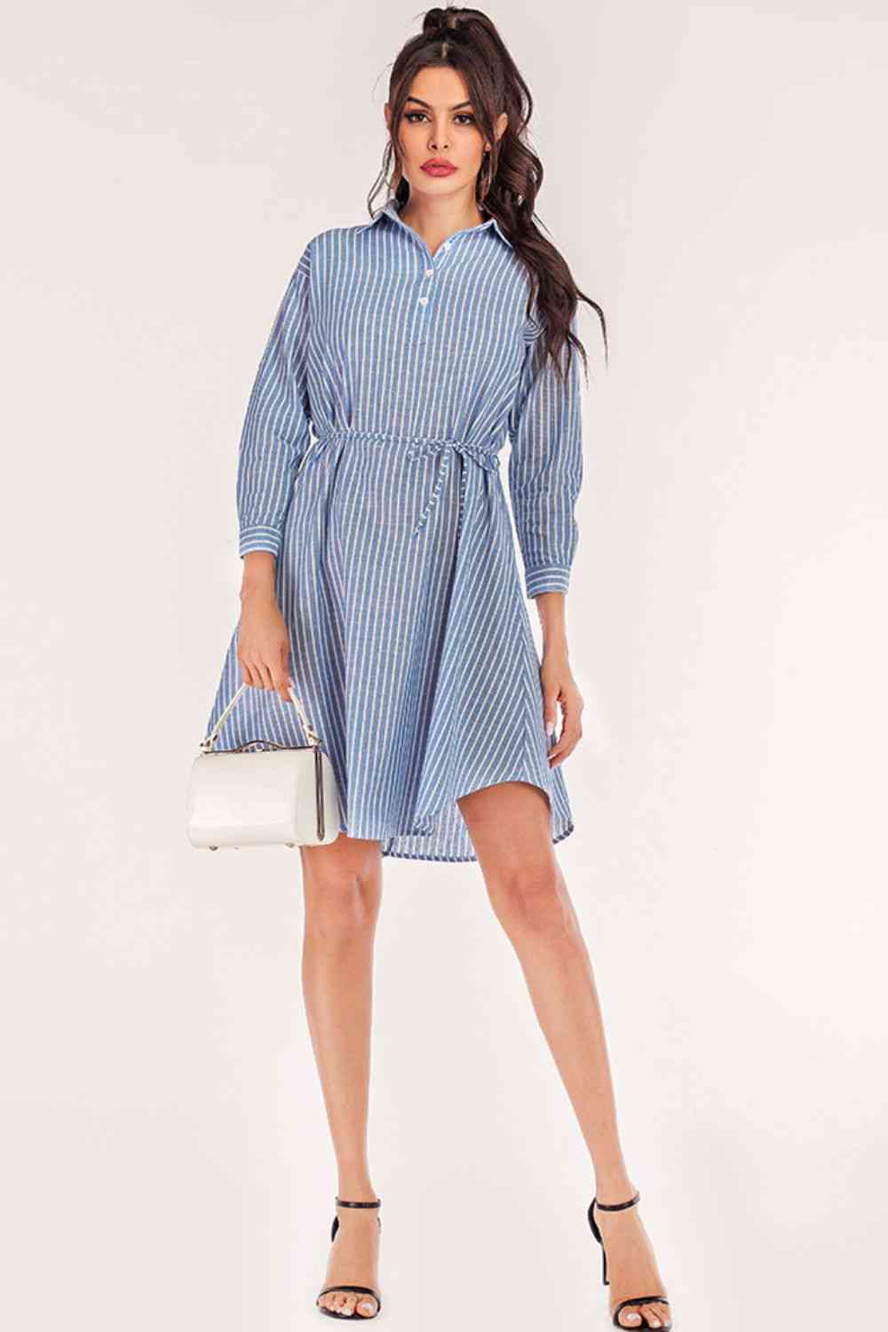 Full Size Striped Quarter-Button Roll-Tab Sleeve Shirt Dress - TRENDMELO
