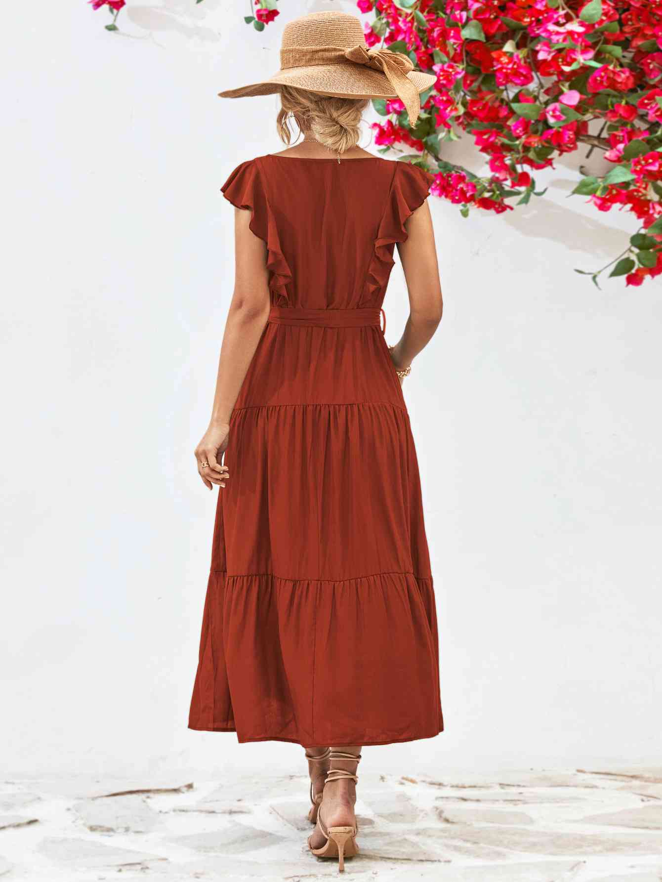 Tie Belt Ruffled Tiered Dress - TRENDMELO
