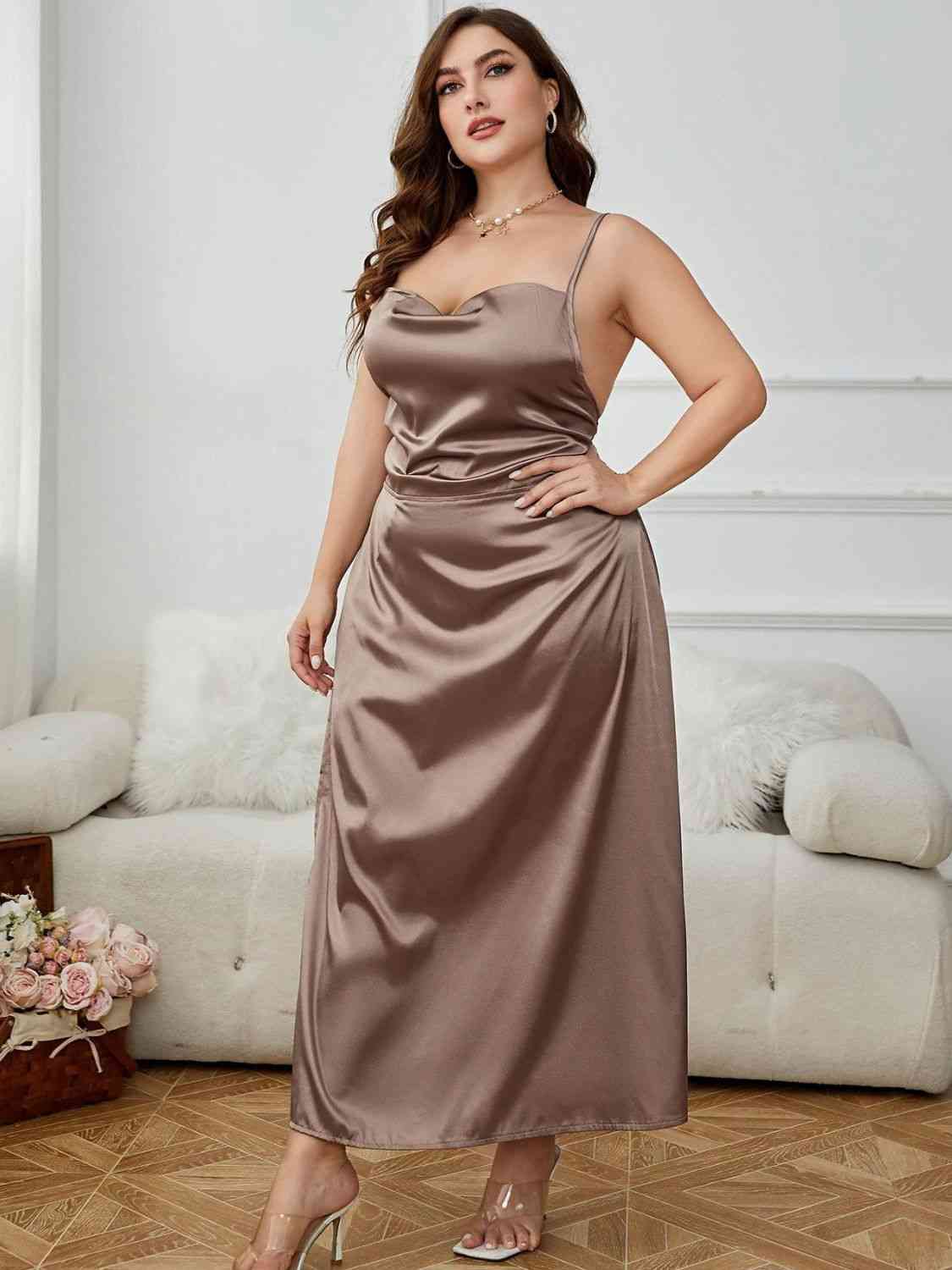 Plus Size Lace-Up Spaghetti Strap Split Night Dress - TRENDMELO